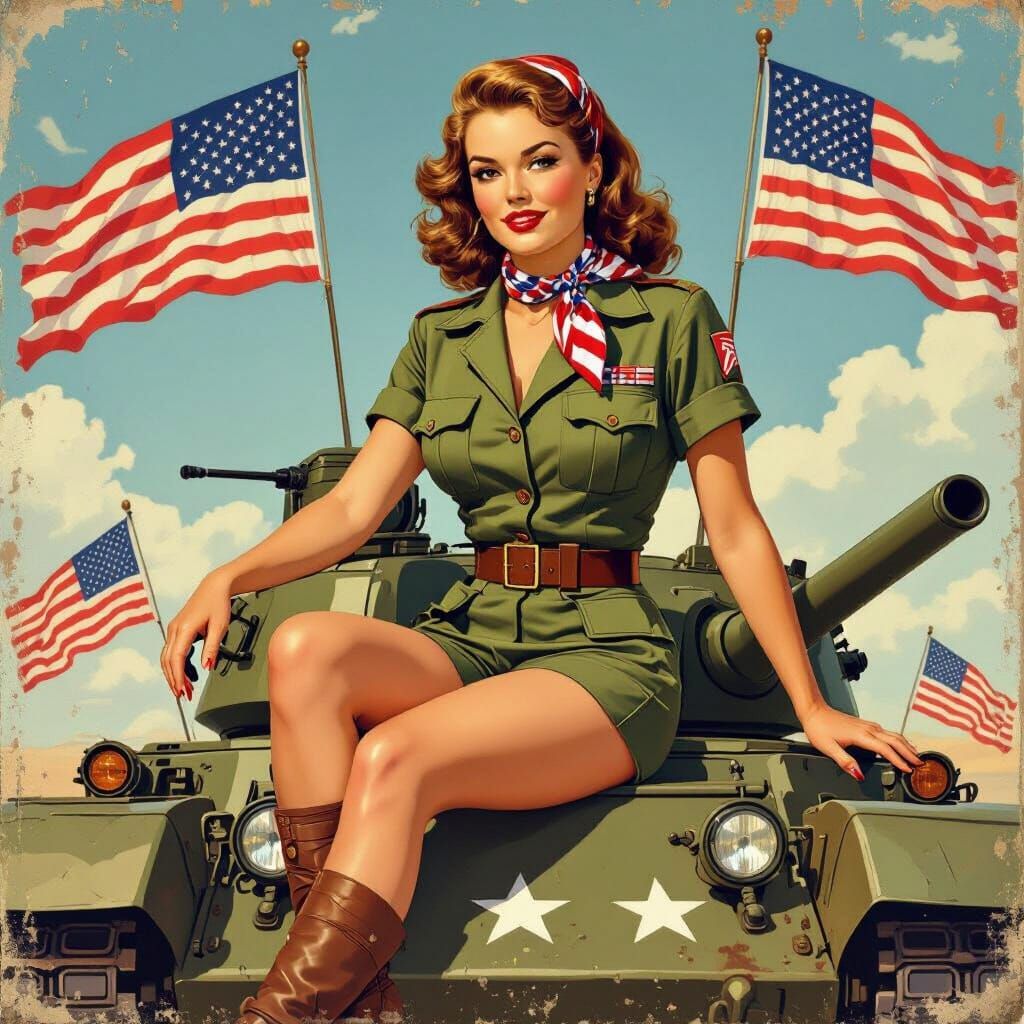 WWII Pin-Up Girl on Sherman Tank Propaganda Poster