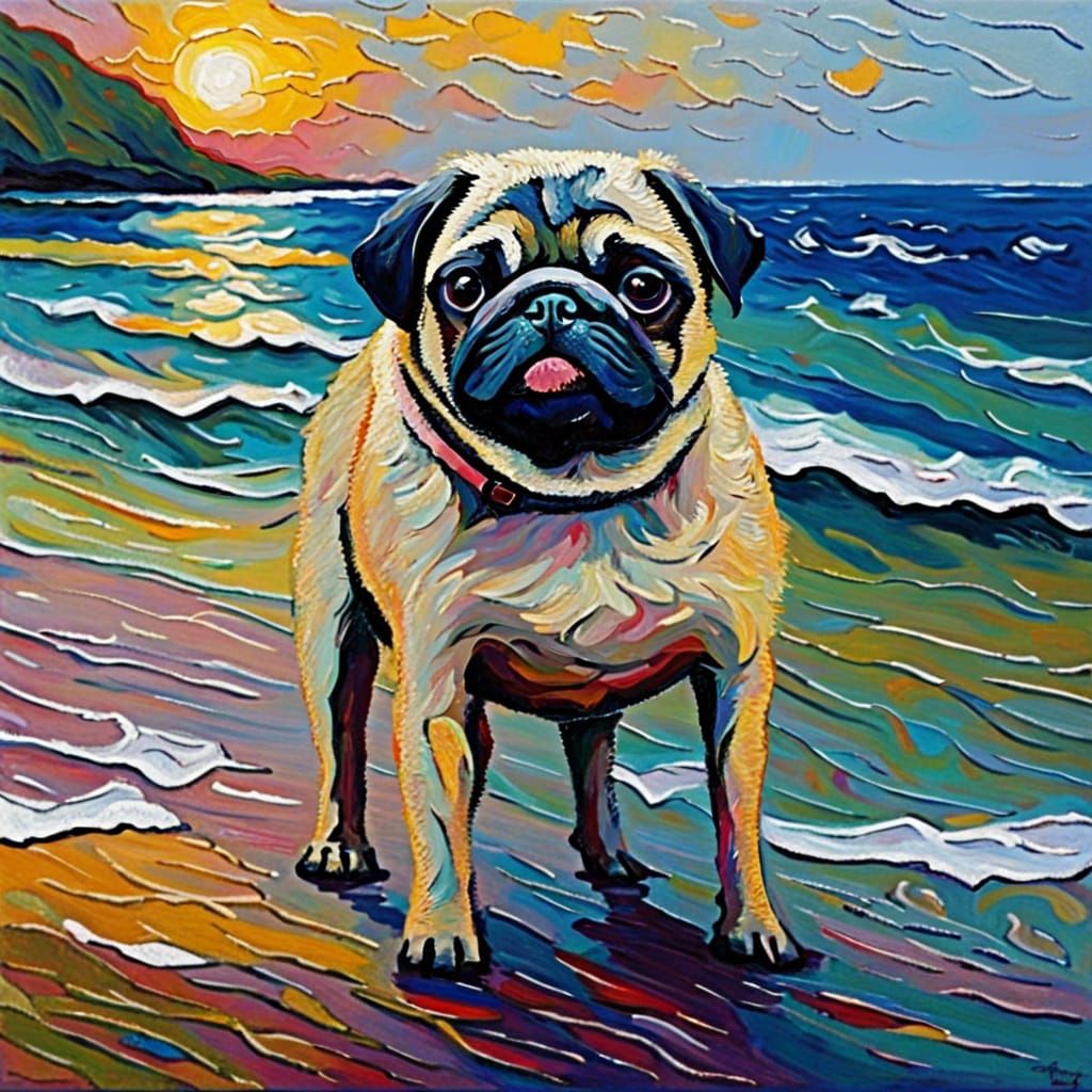 Pug by the Ocean in Expressionist Oil Painting