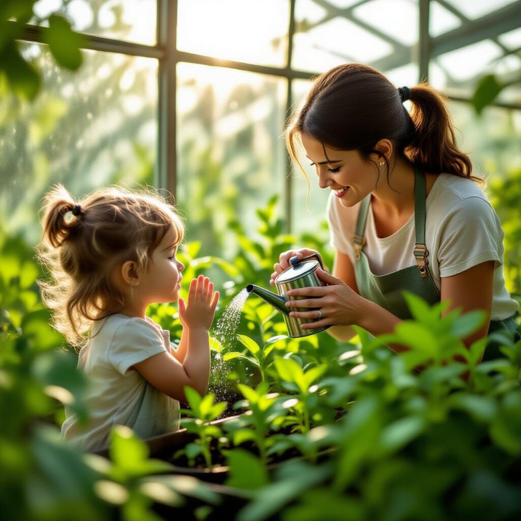 Hyperrealistic Girl Watches Mom Water Plants in Greenhouse