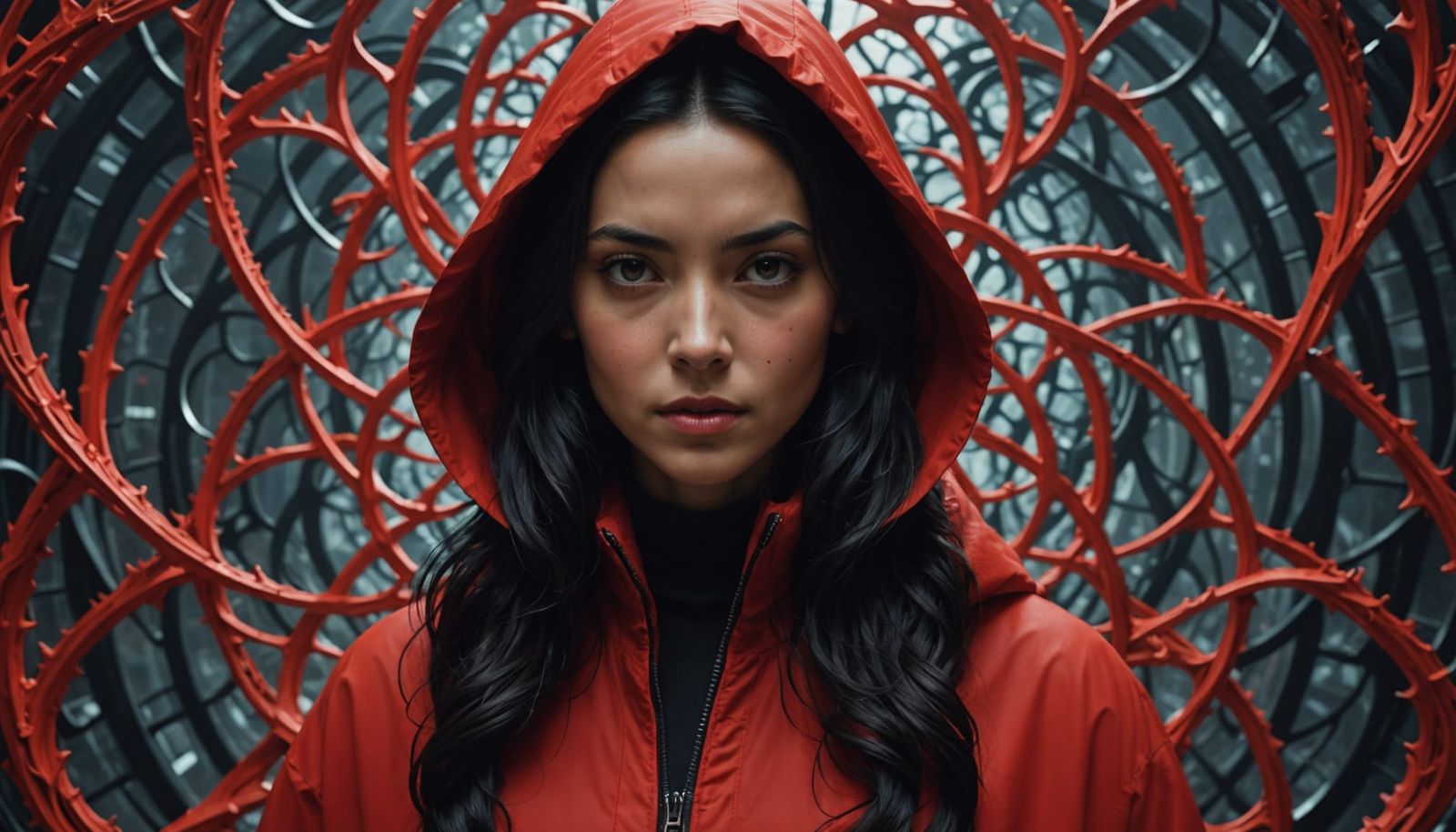 Surreal Woman Confronts Abstract Fractal Body