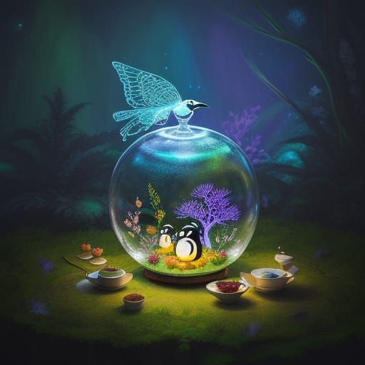 Penguin Chef Plates Sushi in Ethereal Forest, Oil Painting