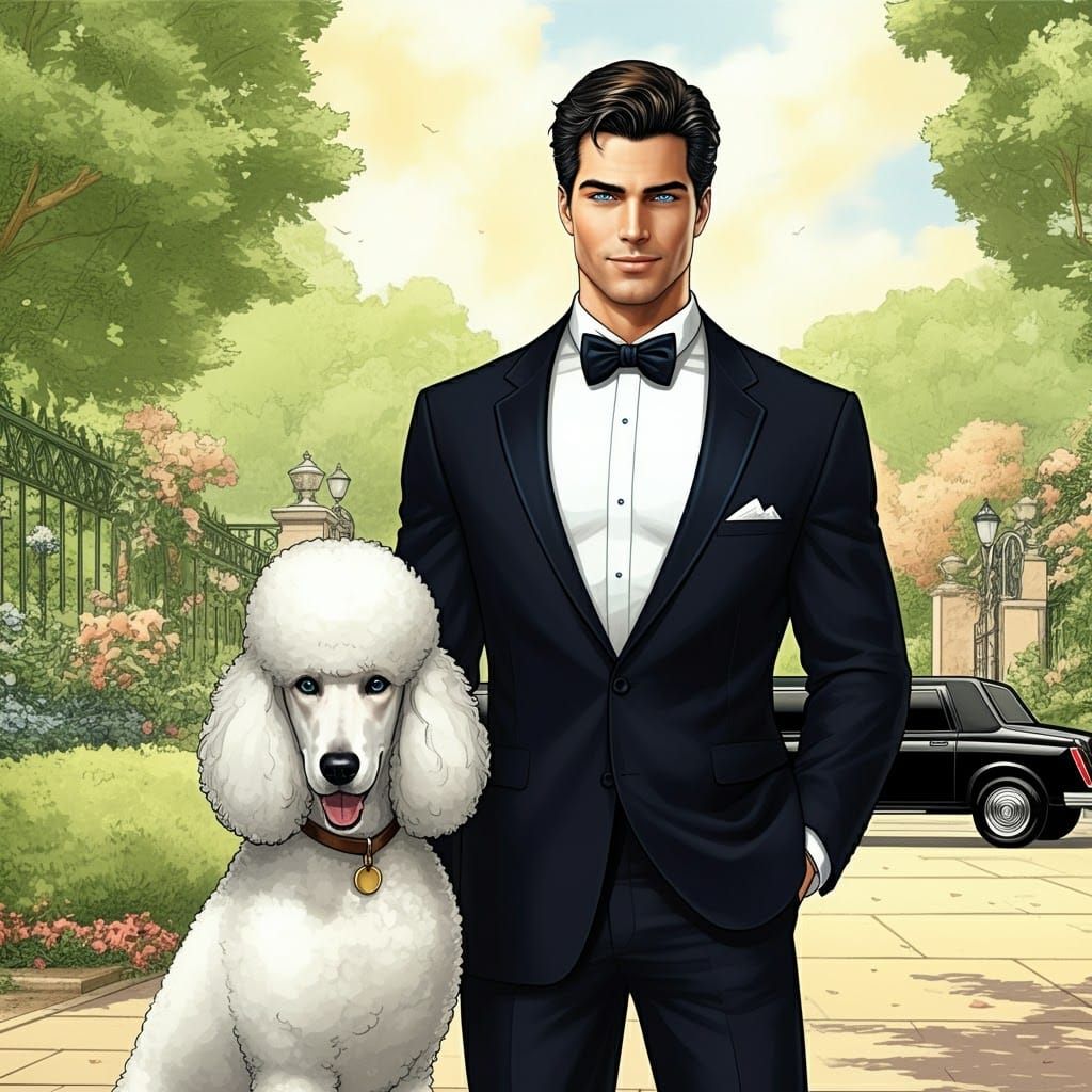 Elegant Man and Poodle in Comic Book Style