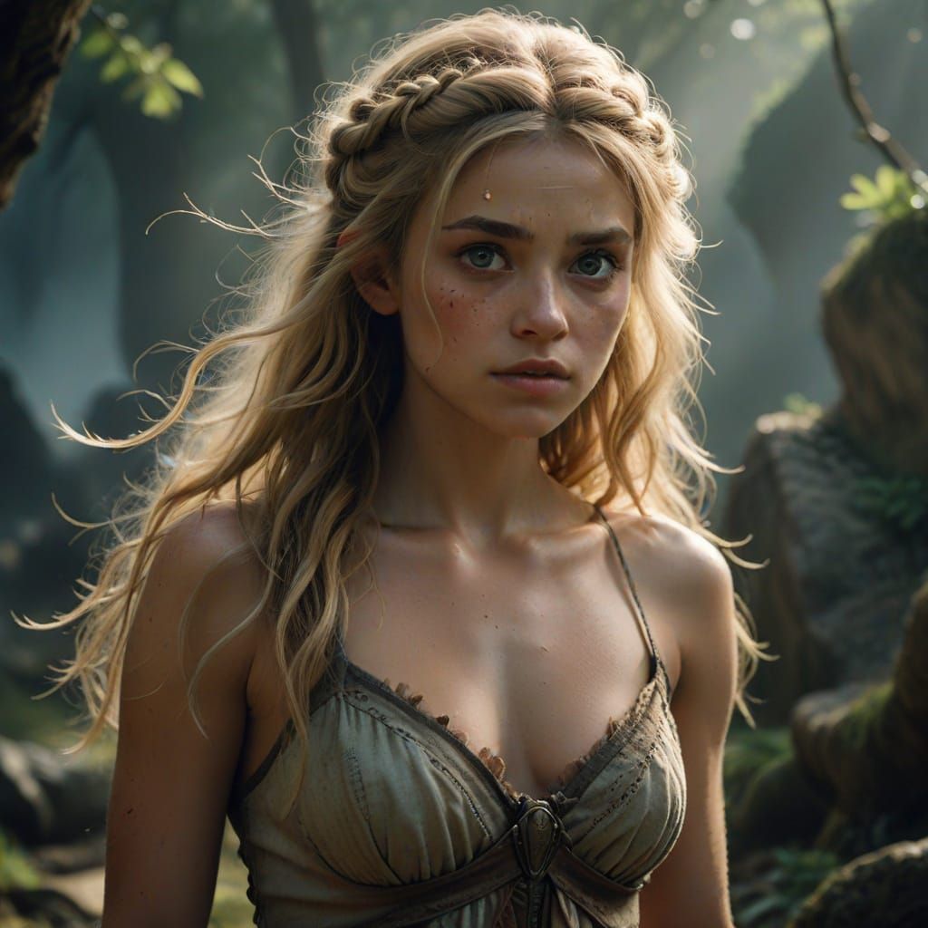 Troll Kneeling Before Beautiful Woman: Cinematic Still