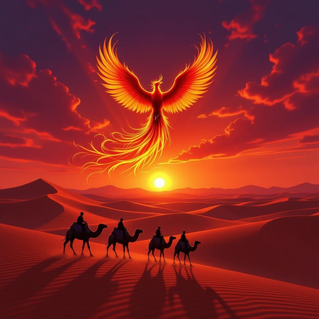 Crimson Desert Sunset: Phoenix Rises Over Camel Caravan