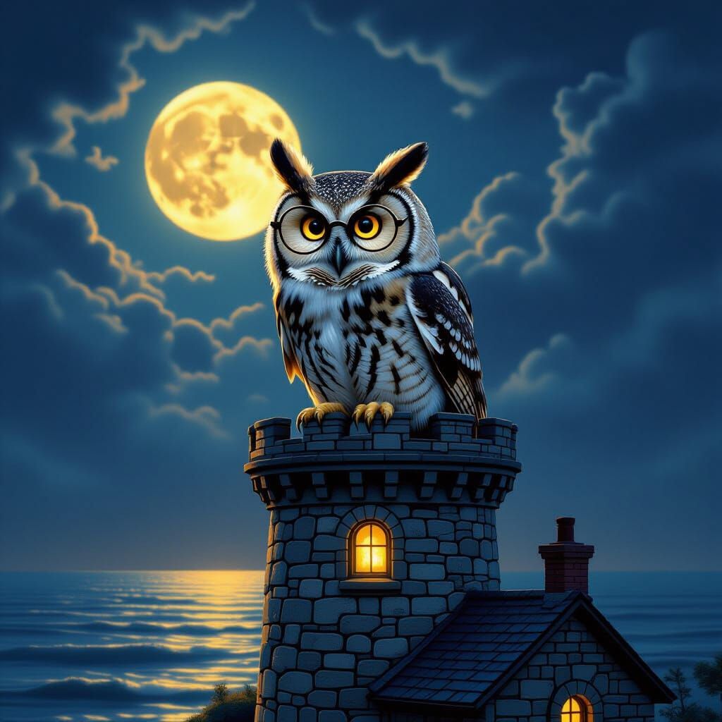 Wise Owl on Lighthouse in Golden Glow