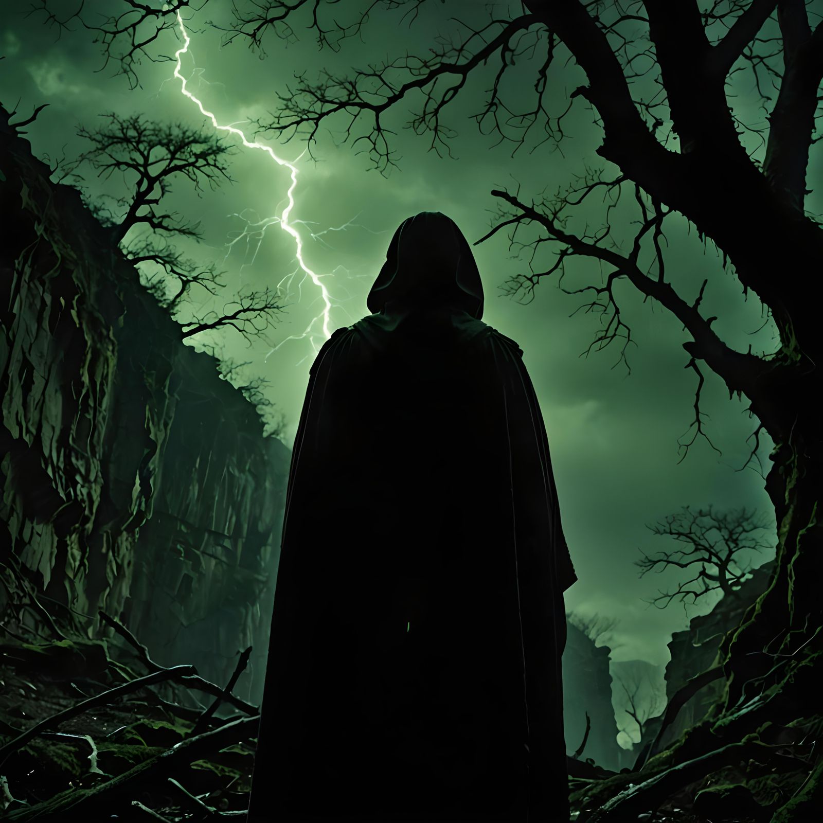 Ominous Figure at Chasm Edge in Cinematic Style