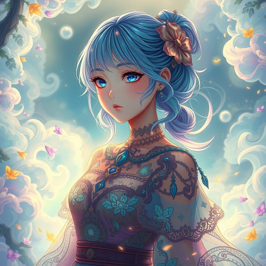 Dreamlike Fantasy Girl in Vibrant, Shimmering Attire