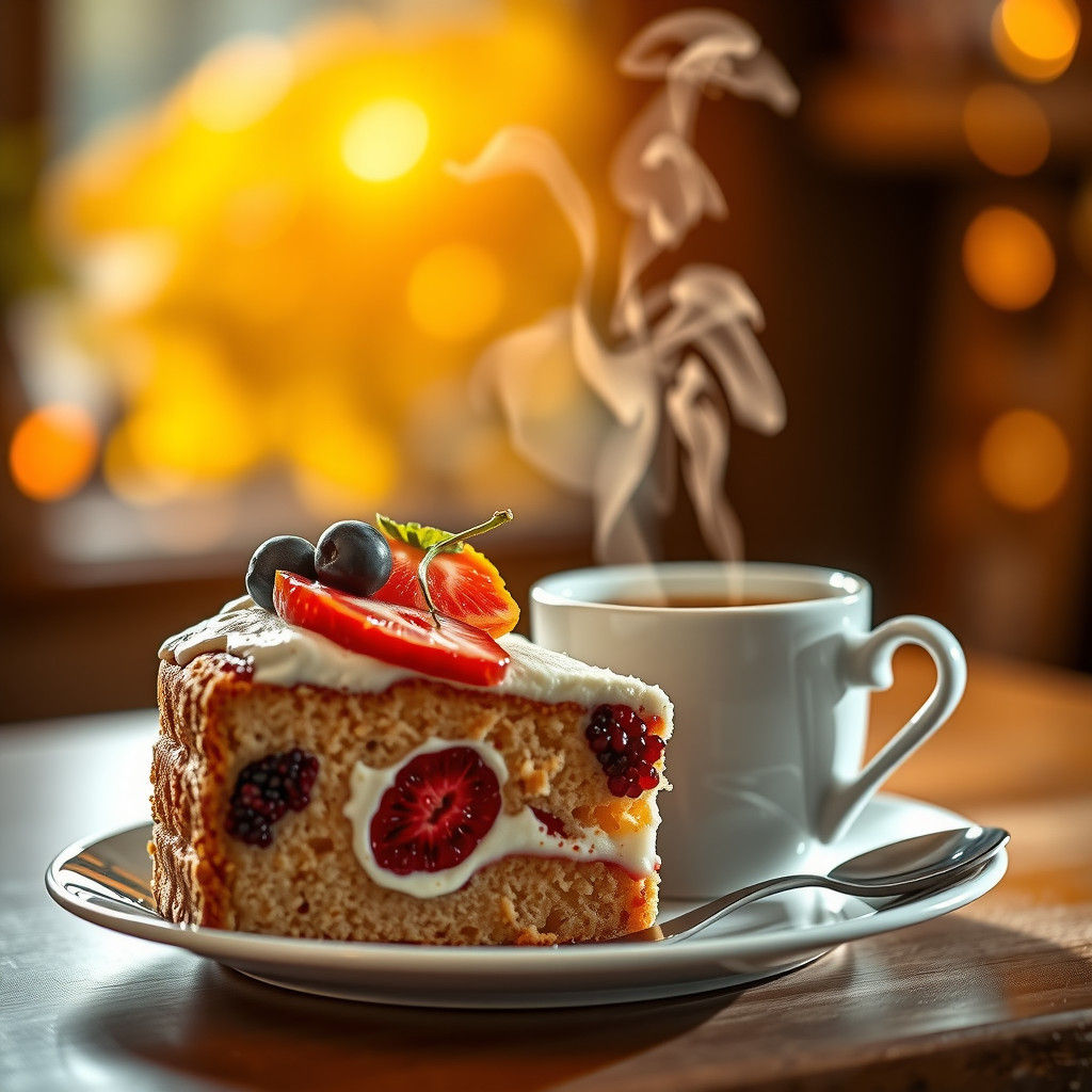 Vibrant Fruit Cake and Coffee in Hyper-Realistic Style