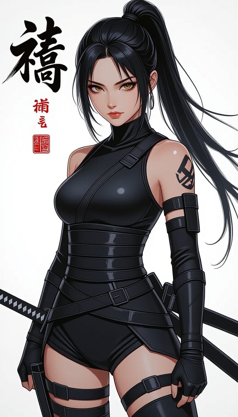 Ninja Girl in Black Attire with Chinese Text