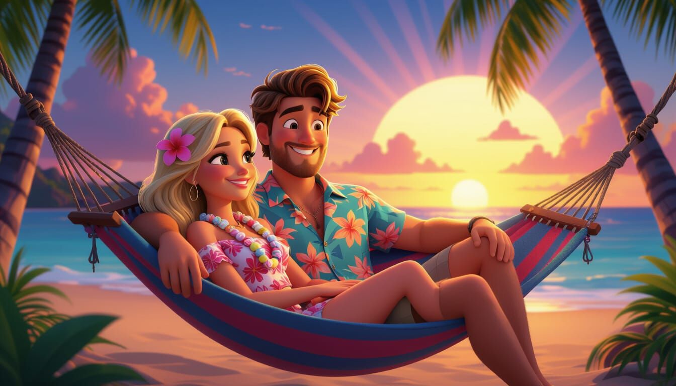 Hawaiian Sunset: Surf Couple in Pixar Style