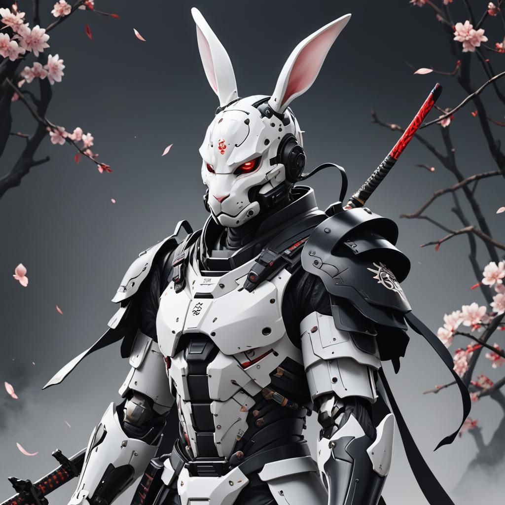Cyborg Samurai Bunny in Stealth Suit with Oni Mask