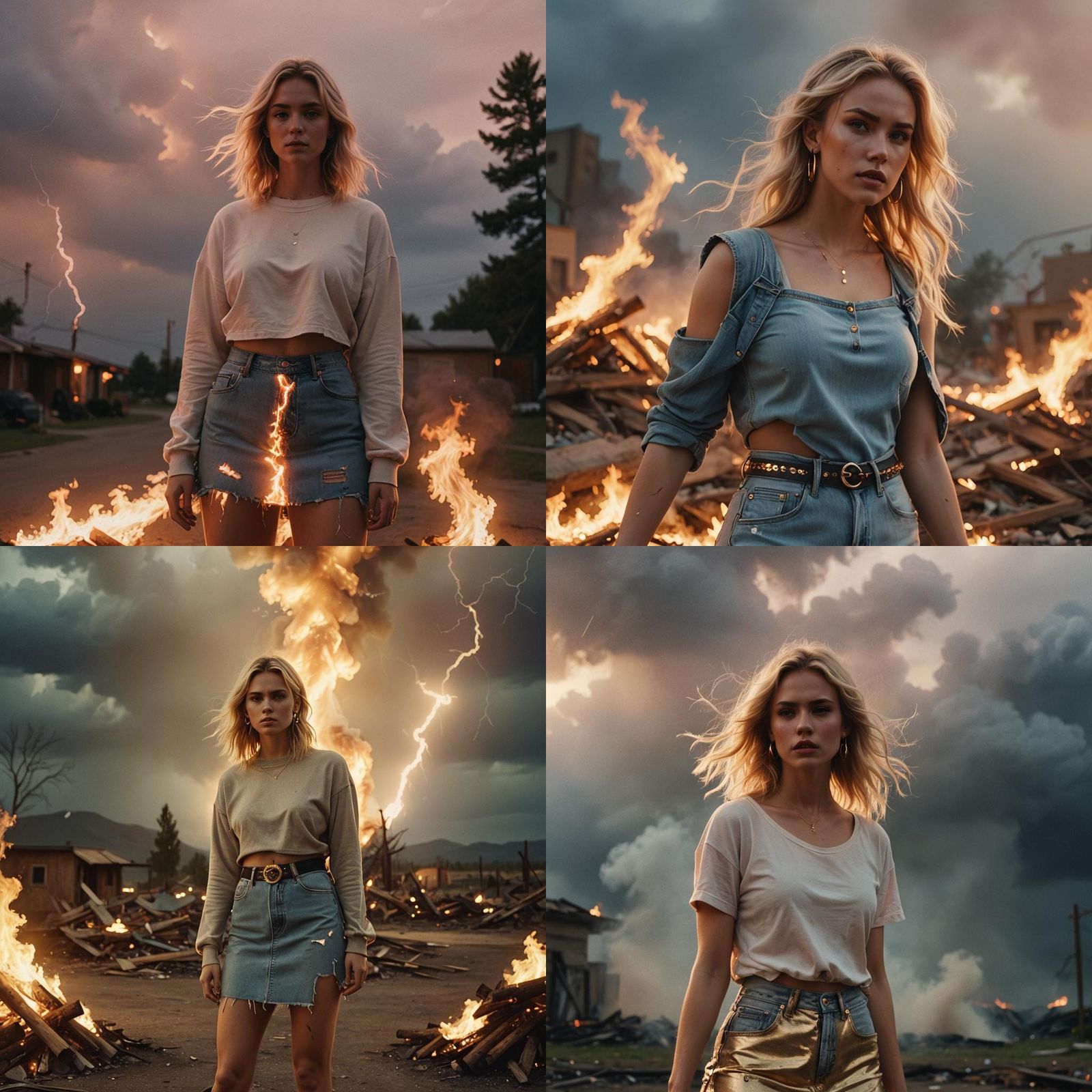 Blonde Woman in Jeans Skirt with Fire Background