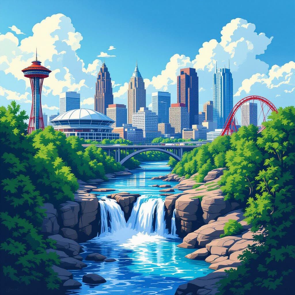 Vibrant Ohio Landscape: Waterfall, City Skyline, & Roller Co...