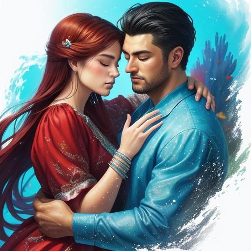 Couple Embracing Underwater in Gouache Impressionist Style