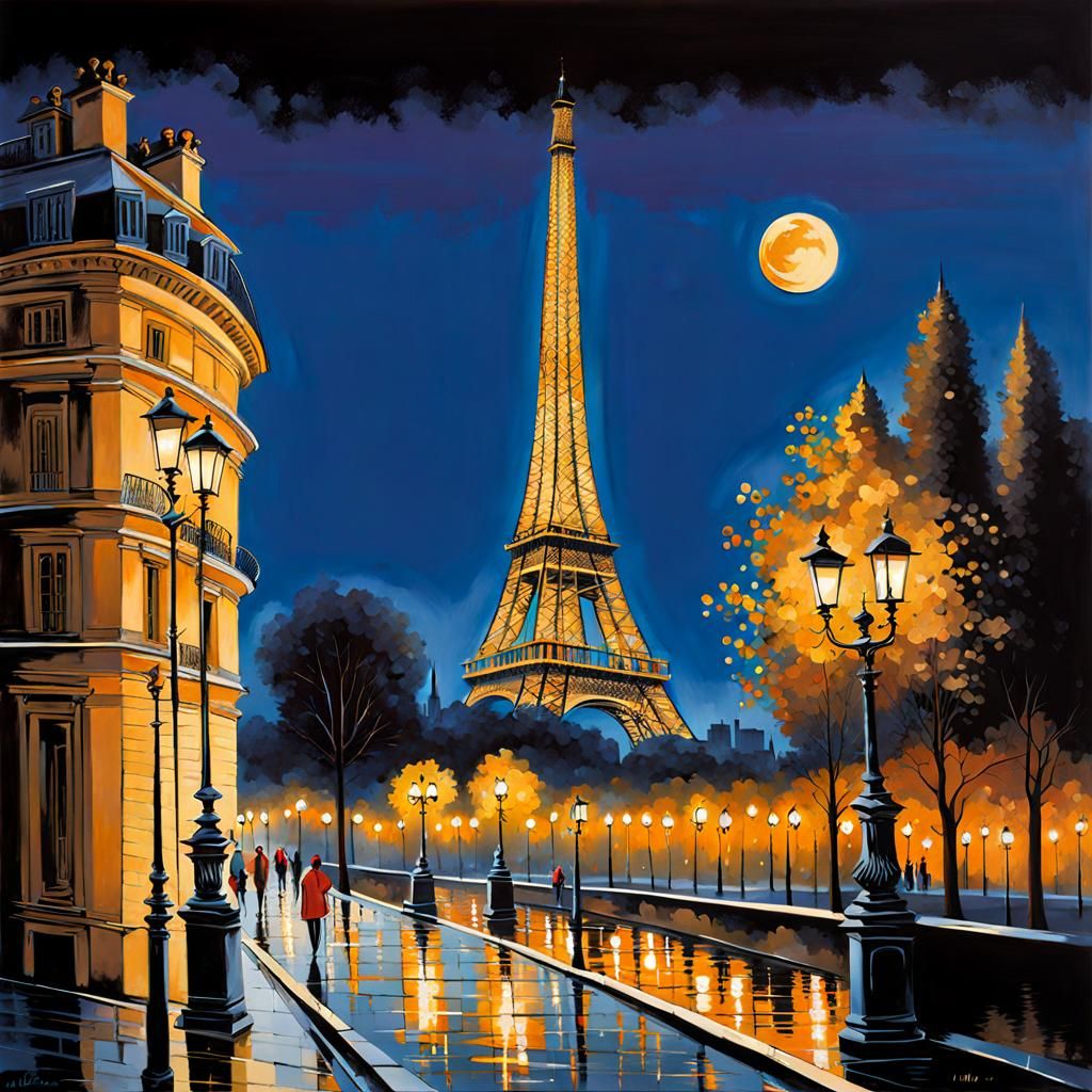 Paris Night Landscape in Painterly Style