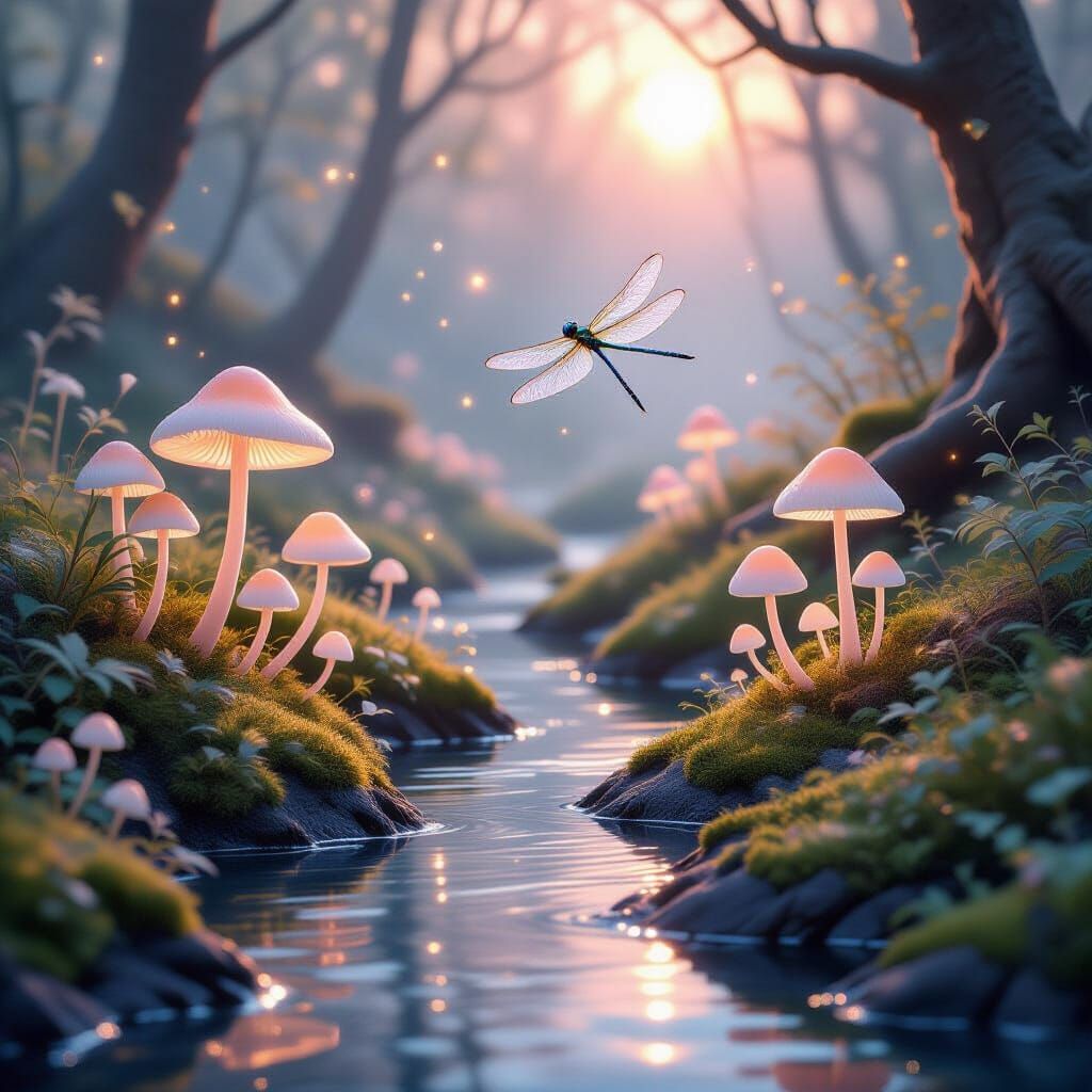 Magical Glade at Dawn with Glowing Mushrooms and Dragonfly