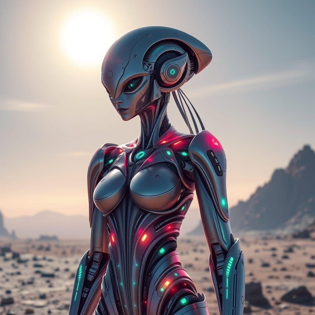 Futuristic Robotic Alien Woman on Desolate Planet