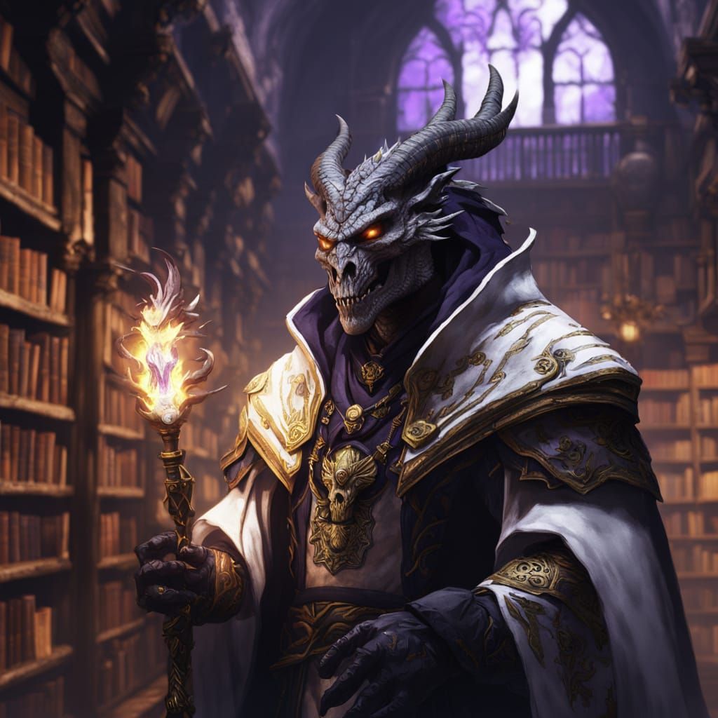 Black Dragonborn Mage in Library with Swirling White Fire