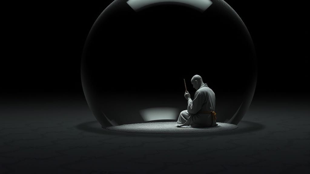 Monk in Sphere on Black Plain: Digital Concept Art
