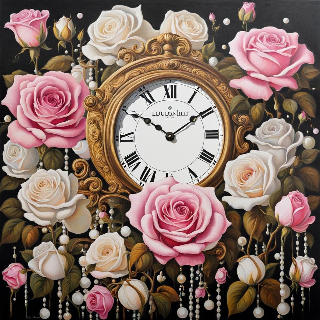 Surreal Clocks with Roses in Klimt Style