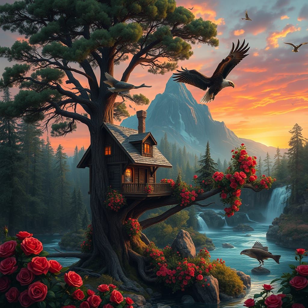 Whimsical Treehouse Amidst Majestic Mountain Landscape in Cy...