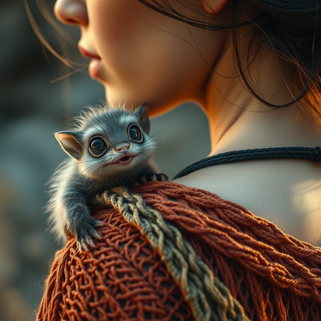 Woman with Adorable Fluffy Creature, Hyperrealistic Cinemati...