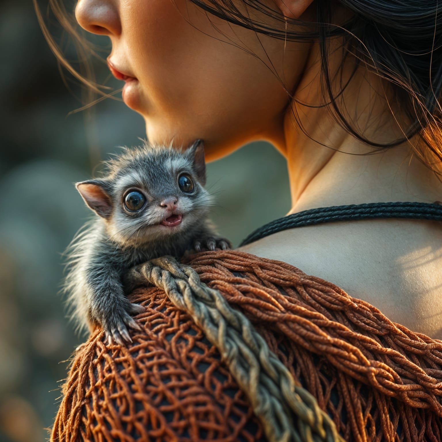 Cute Fluffy Creature on Woman's Shoulder