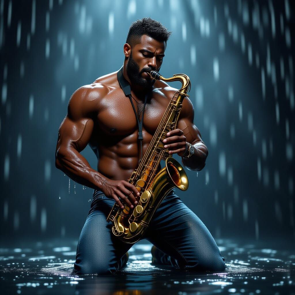 Muscular Man Plays Saxophone in Dramatic Rain