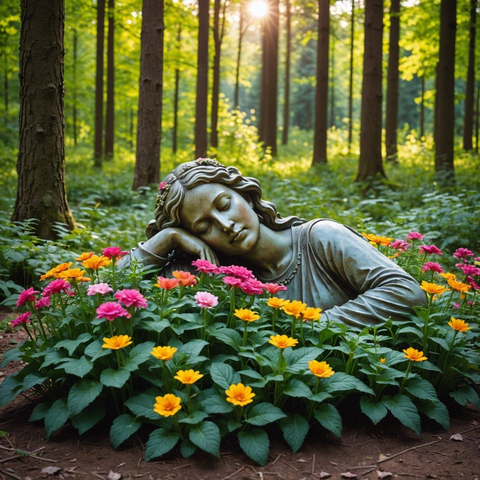 Sleeping Woman Flower Bed in Forest Clearing