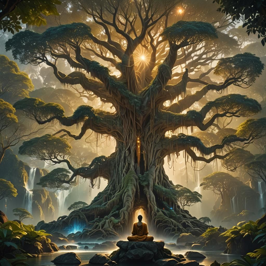 Majestic Banyan Tree with Meditating Figure