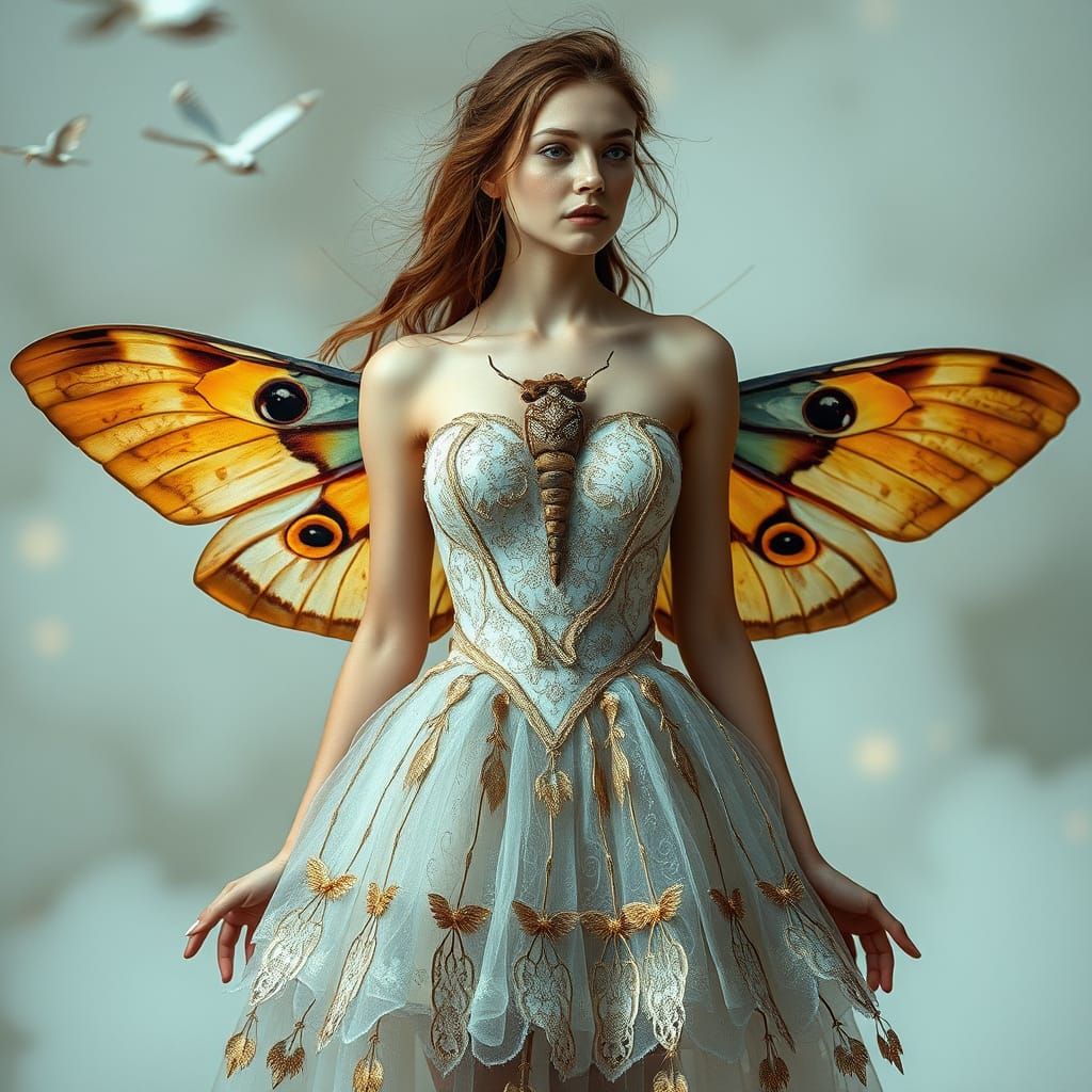 Ethereal Woman in Whimsical Moth-Inspired Gown