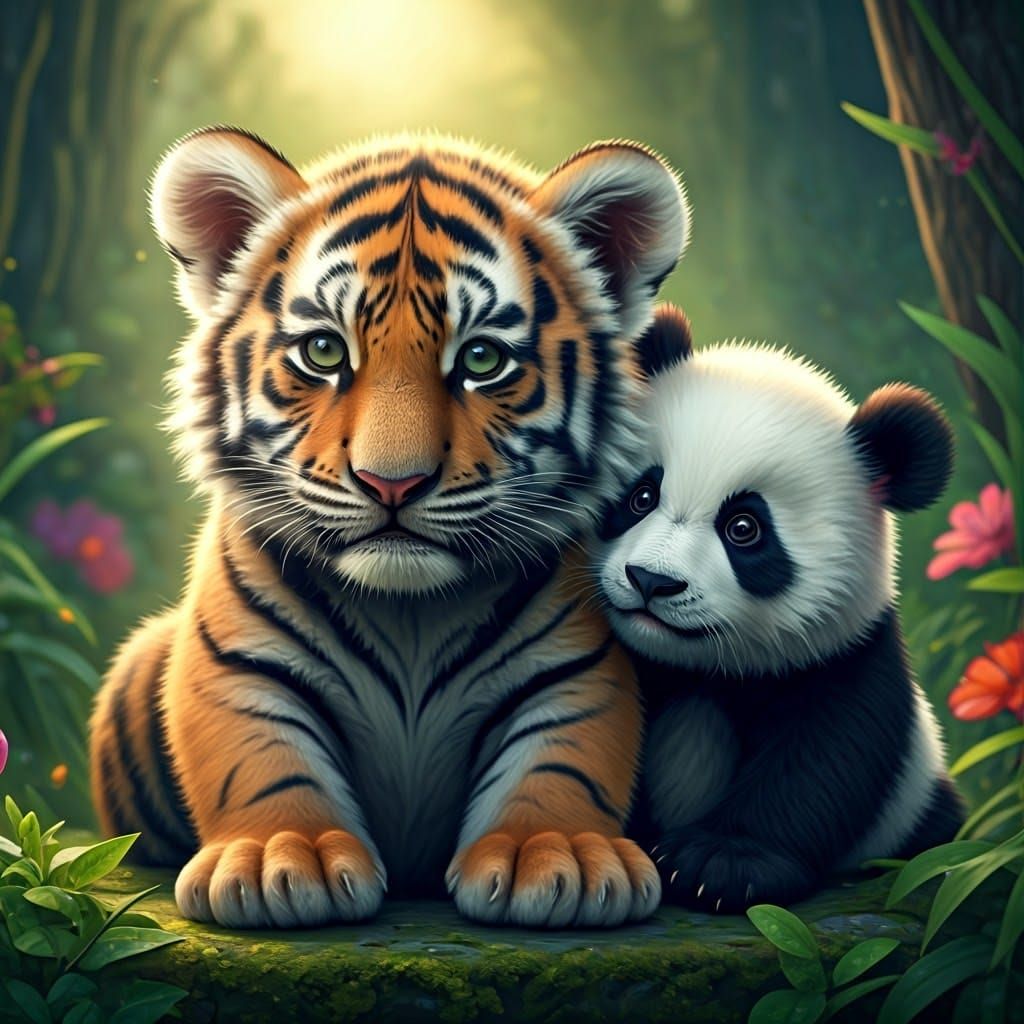Tiger Cub and Panda Play in Vibrant Floral Wonderland