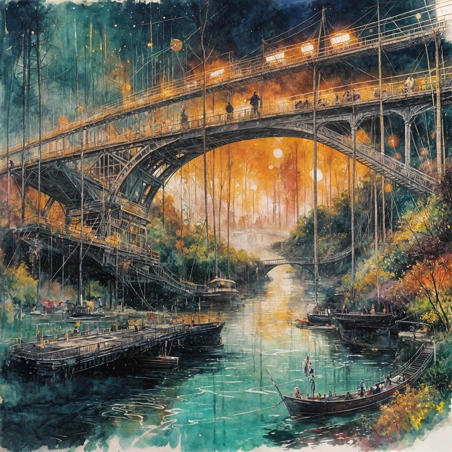 Epic Futuristic Suspension Bridge at Dusk