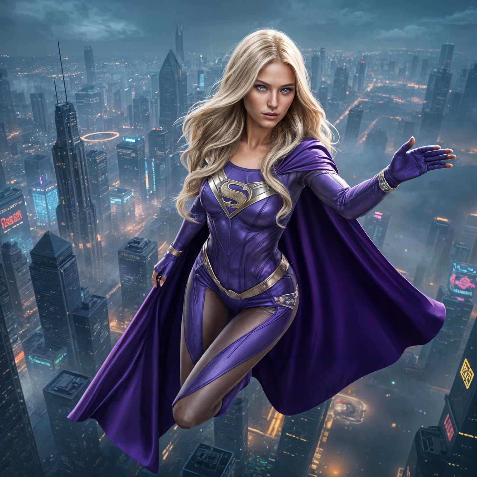 Supergirl Soaring Over Futuristic City in Fantasy Art Style