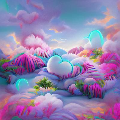 Glowing Neon Forest Cloudscape with Pandas in Vaporwave Styl...