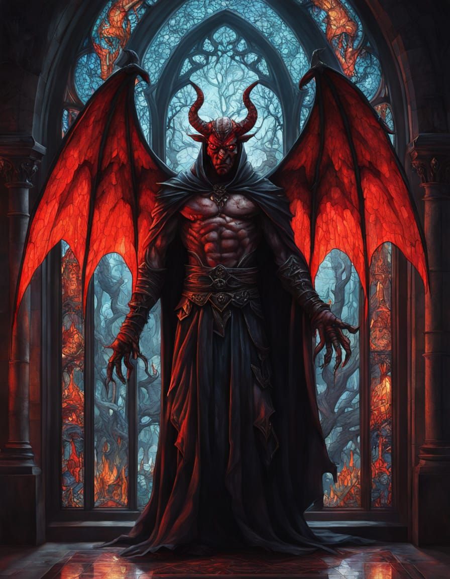 Dark, Gothic Demon Falls from Stained Glass Heaven