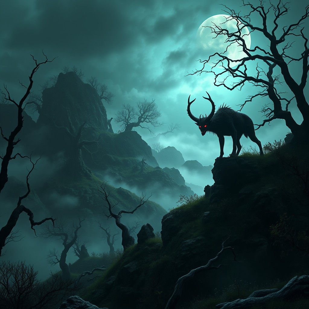 Eerie Hills with Lurking Horror Dogs