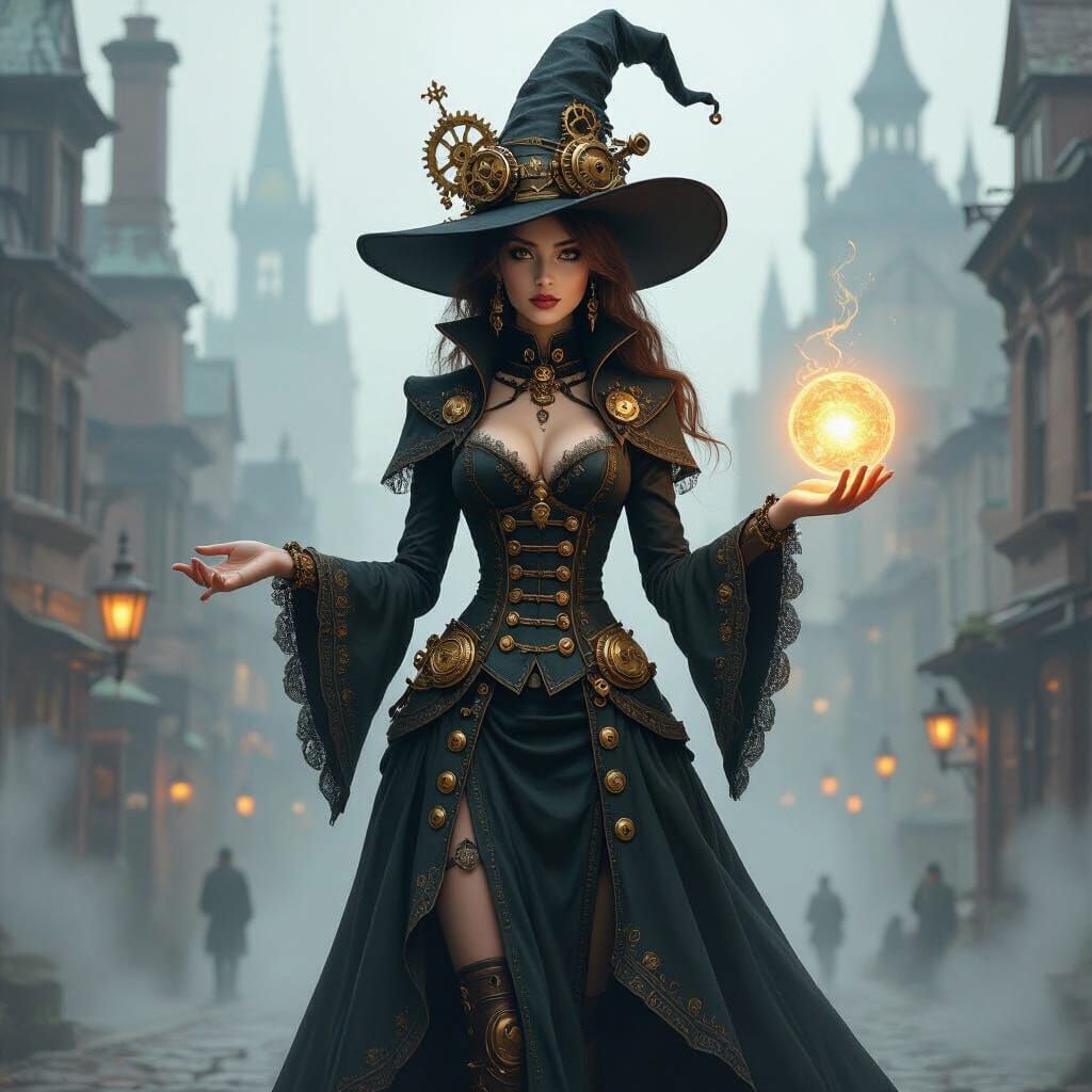 Steampunk Witch with Mystical Orb in Foggy Victorian Citysca...