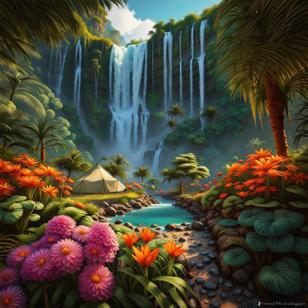 Jungle Waterfall Tourist Tent in Realist Style