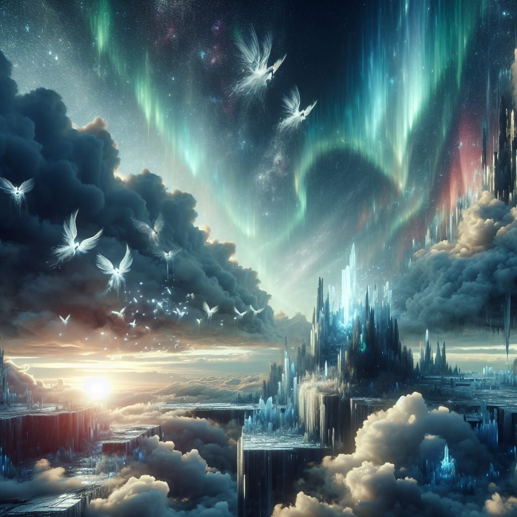 Crystal Dreamscape with Aurora Sky, Cinematic Film Still