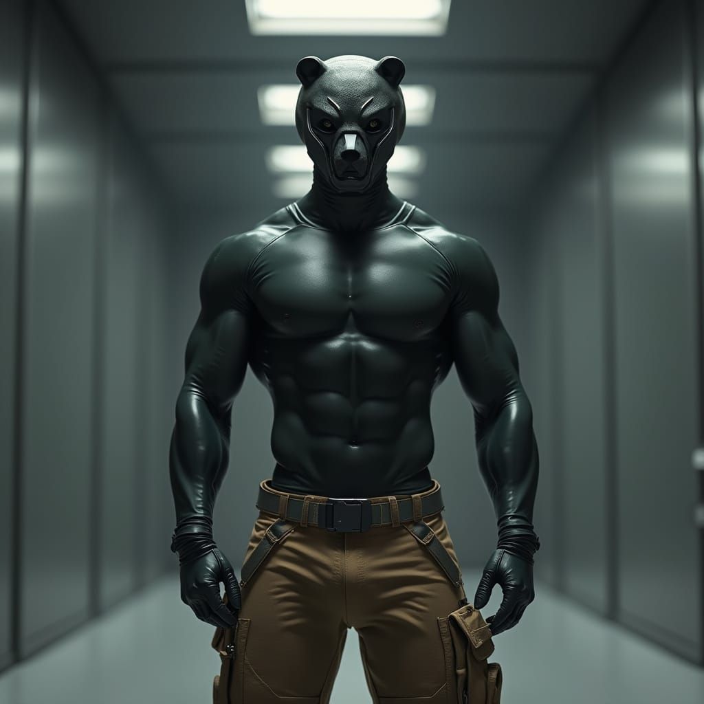 Muscular Male in Futuristic Black Latex Suit with High-Tech ...