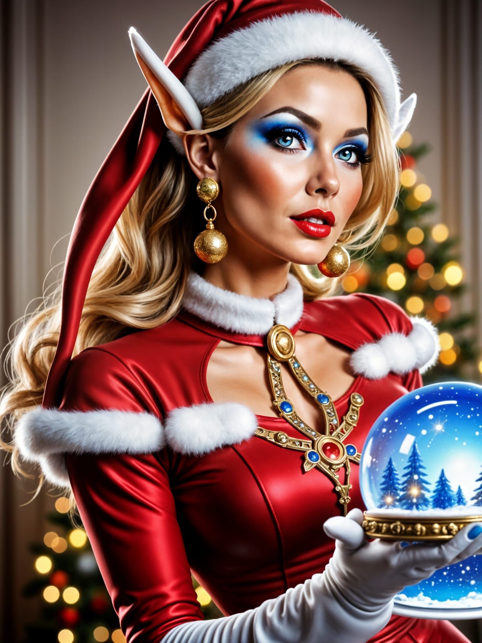 Woman in Red Velvet Elf Costume Holding Snow Globe