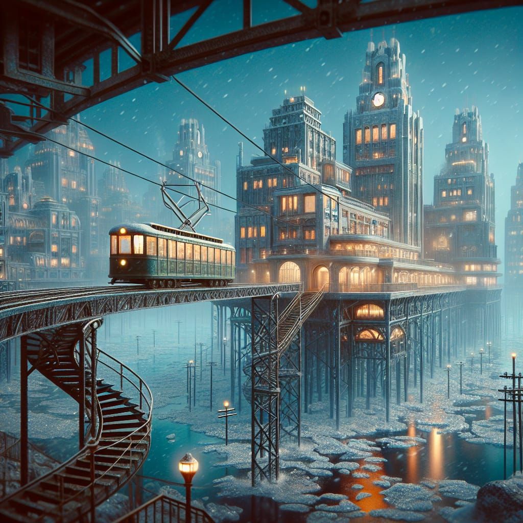 Retro-Futuristic City on Stilts in Art Deco Style