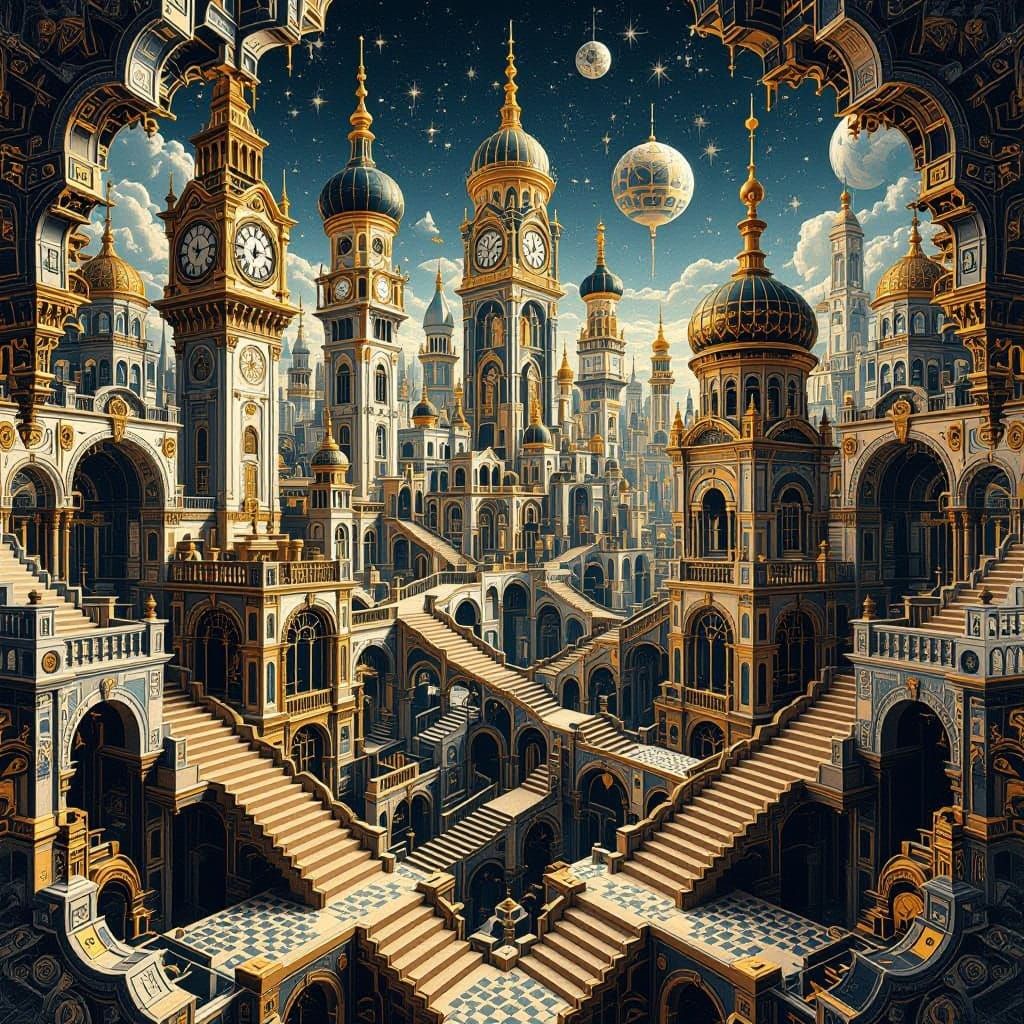 Escher-Inspired Vintage Cityscape in Impossible Architecture