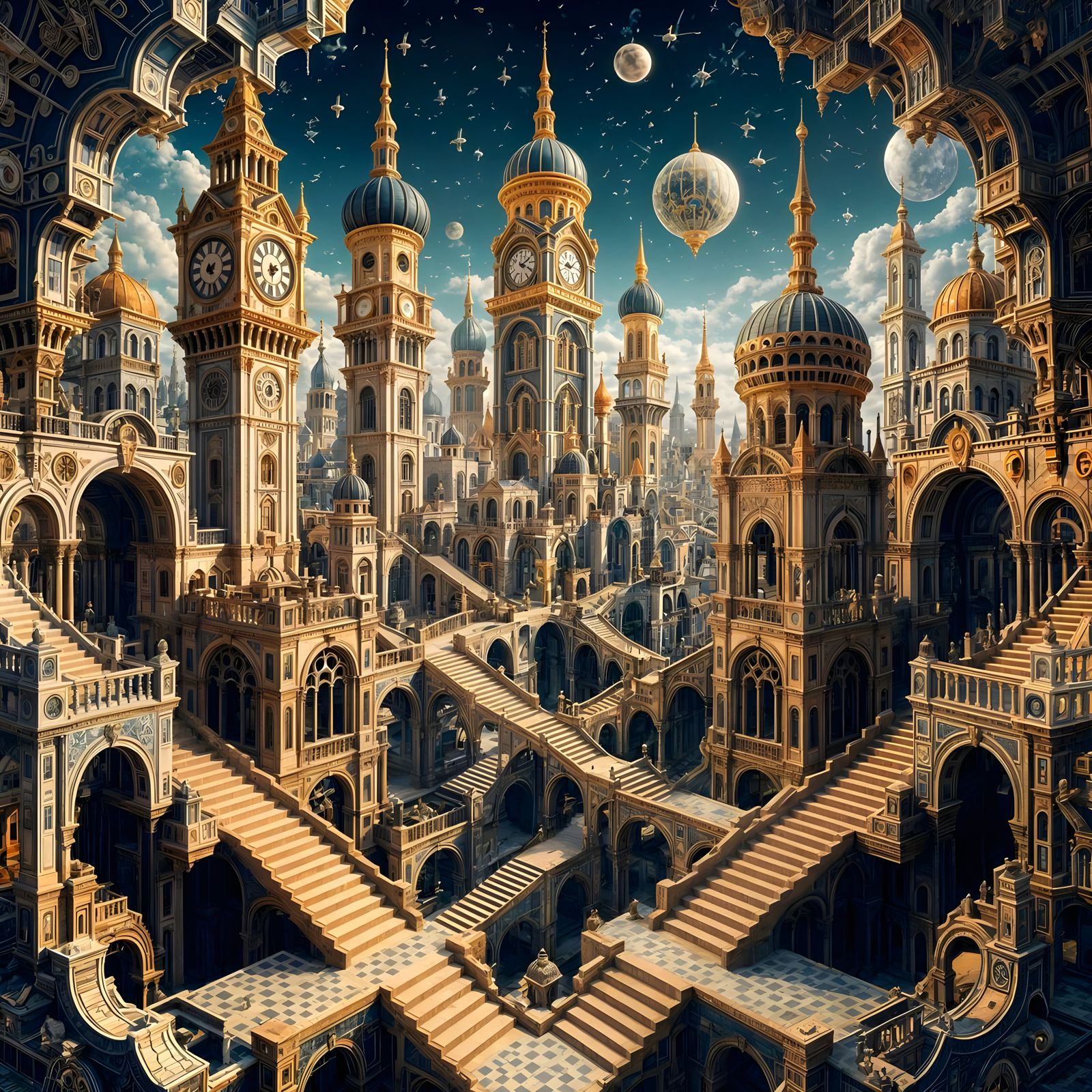 Surreal Vintage Cityscape in Escher Style