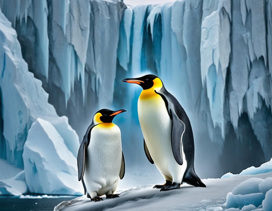 Emperor Penguin in Antarctic Icefall Scene