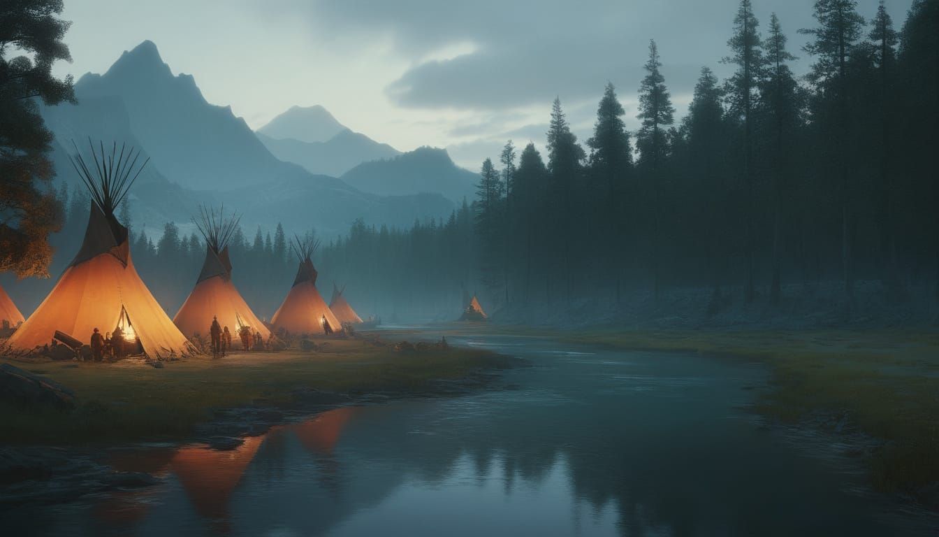 Native American Camp at Sunset in Vibrant Concept Art