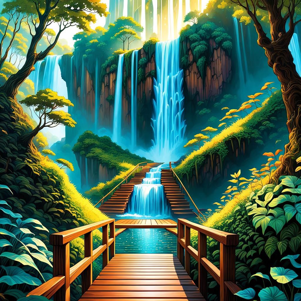 Enchanting Waterfall Landscape in Digital Art Style