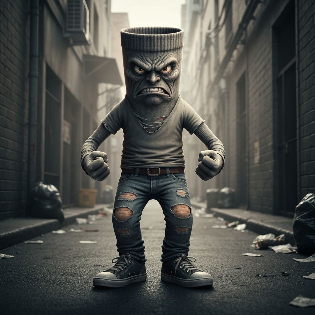 A human sized animorphized brown sock looking angrily at a human middle aged bald man