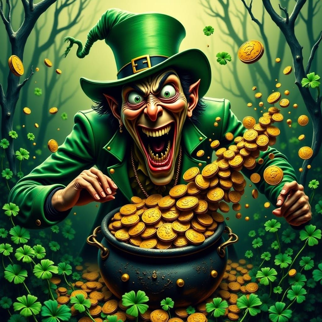 Furious Leprechaun Guards Golden Treasure in Surreal Landsca...
